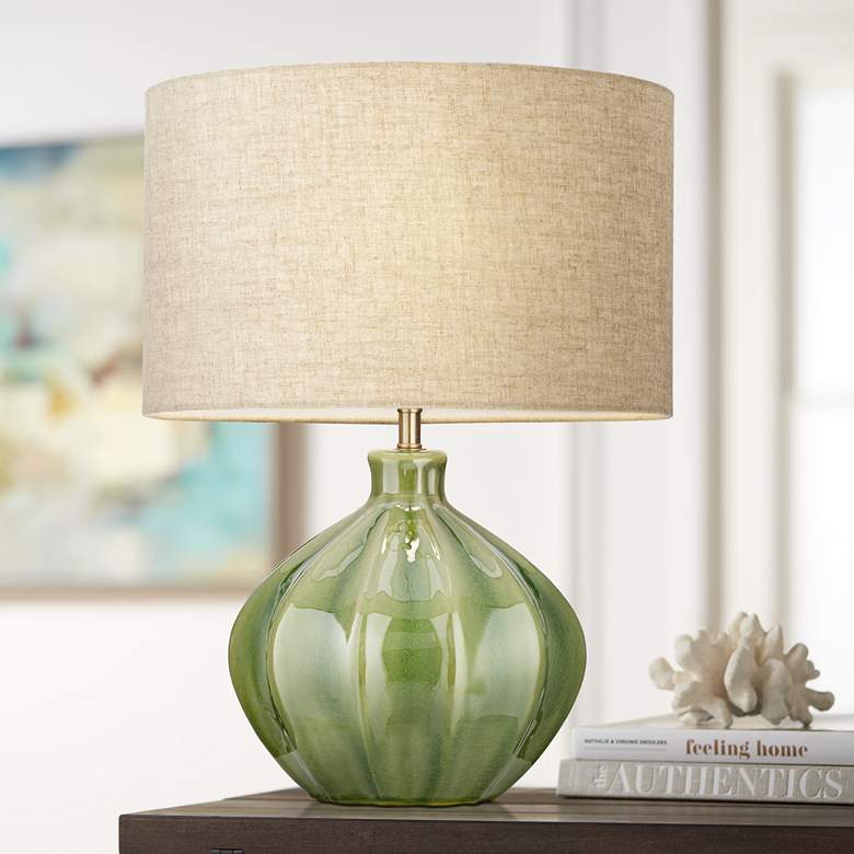Jackdots Ribbed Green Ceramic Table Lamp – 20.5" Mid-Century Style